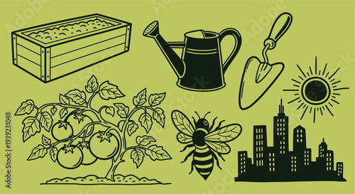 Urban gardening illustration featuring a tomato plant watering can trowel bee sun and cityscape elements