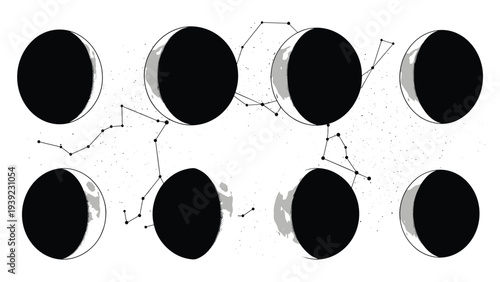 Educational diagram showing the various phases of the moon with star constellations and astronomical patterns in the background.
