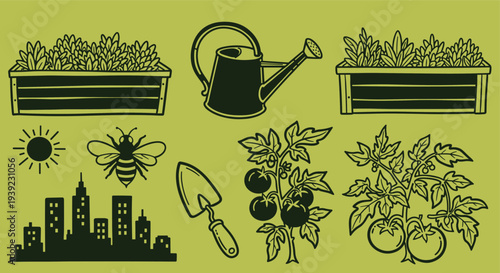 Urban Gardening Collection Featuring Cityscape Elements and Natural Growth Symbols for Sustainable City Living and Green Spaces
