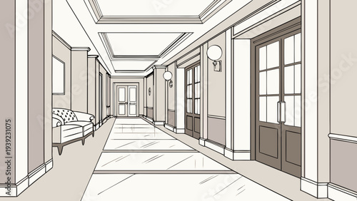 A minimalist line art illustration of a luxurious interior hallway with a sofa and large windows