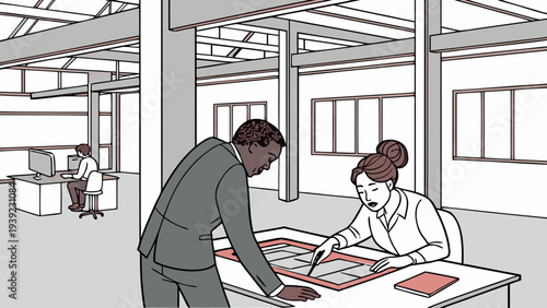 A vector graphic illustration of a man and woman collaborating on a project in a modern office space