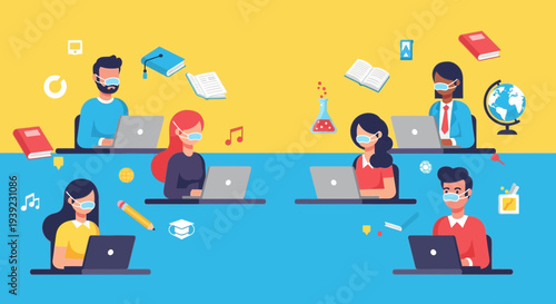 Online learning: students in masks using laptops for remote education, e-learning concept