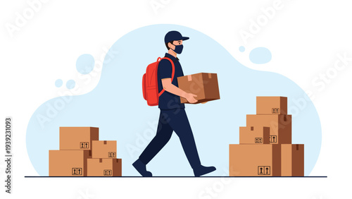 Delivery man wearing a protective face mask and a red backpack carrying a package past stacks of cardboard boxes for shipment.