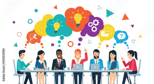 Team brainstorming ideas at a meeting table with colorful thought bubbles above