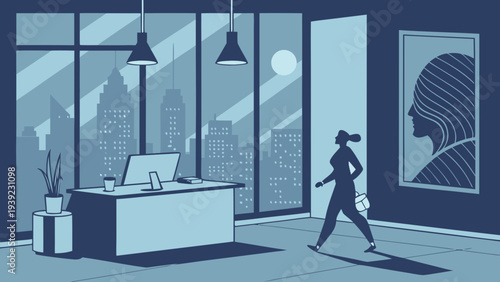 A woman walks past a modern office desk with a city skyline view at night