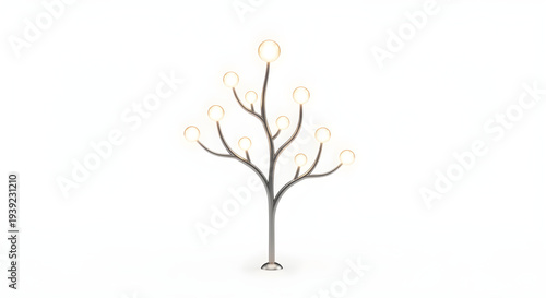 Minimalist 3D Render of Stylized Tree with Glowing Lights on Branches Isolated on White Background
