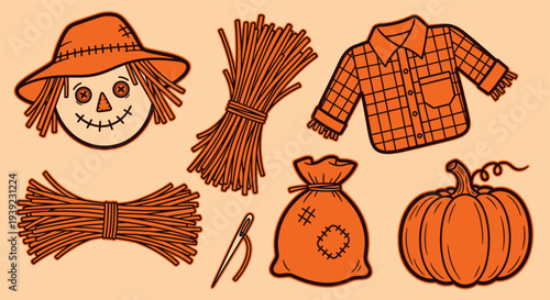 Autumn harvest elements including a scarecrow head, straw bundles, a plaid shirt, a burlap sack, a sewing needle, and a pumpkin on a plain background