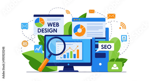 Web Design and SEO Concept: Computer with Charts, Magnifying Glass, and Icons