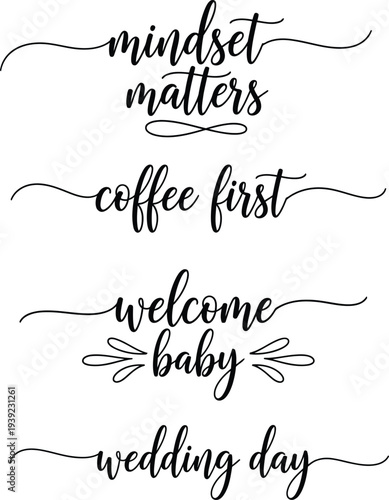 Four elegant calligraphy phrases on a white background for various occasions