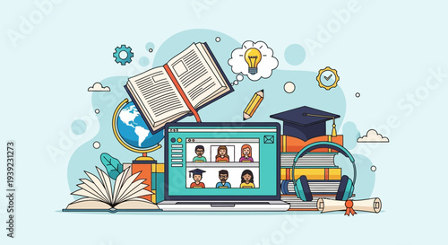 Online Education Concept: Laptop with Video Call, Books, Graduation Cap, Globe, and Study Supplies