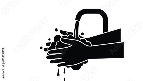 Black silhouette of hands being washed with soap under a running faucet to illustrate personal hygiene, sanitation, and cleanliness for health.