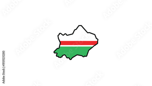 Outline of a geographical region filled with a flag design of white, red, and green bands, representing local heritage and administrative boundaries.