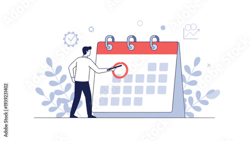 Man marking an important date on a large desk calendar with a red circle, representing event planning, scheduling, deadlines, and time management.