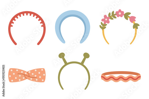 Decorative Hair Accessories Set, Cute Flat Vector Floral Crown and Animal Ear Headbands