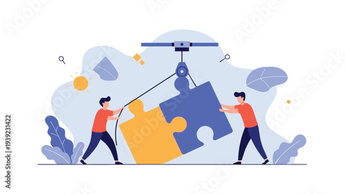 Teamwork concept illustration with two people working together to fit two large puzzle pieces into place using a crane for problem solving and unity.