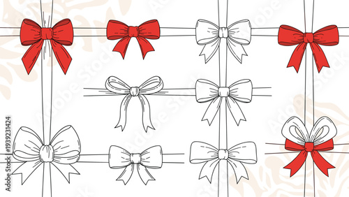 Grid of various hand-drawn ribbons and bows in red and white colors for decorations, gift wrapping, holidays, and celebratory design elements.