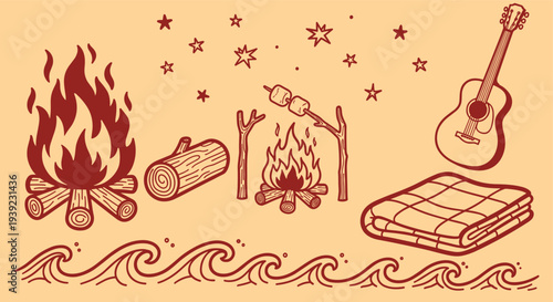 Cozy campfire scene with marshmallows guitar and blanket by the water under starry sky perfect for outdoor relaxation and summer nights