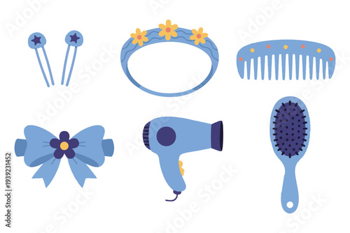 Blue Hair Care and Styling Set, Cute Flat Vector Hair Dryer Brush and Accessories Clipart
