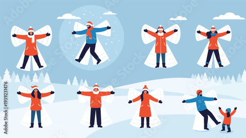Wide illustration of various people making snow angels in a snowy landscape during winter to represent outdoor fun, joy, and family activities.
