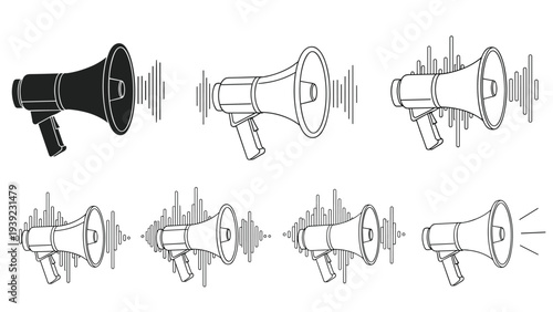 Collection of megaphones with sound waves in various styles and a solid black one to illustrate public speaking, marketing, and mass communication.