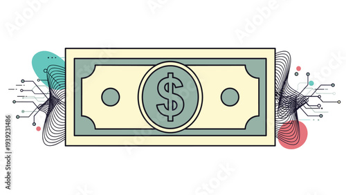 Stylized dollar bill banknote with circuit lines and sound waves coming from its sides to represent digital currency, electronic payments, and fintech.