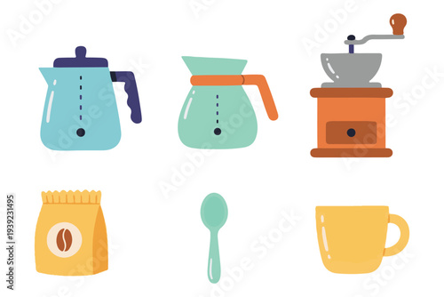 Modern Coffee Brewing Equipment Set, Cute Flat Vector Coffee Grinder and Pour Over Tools