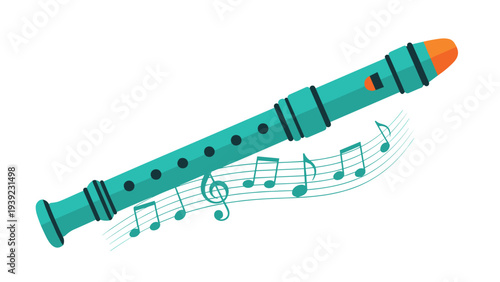 Teal musical recorder instrument with falling musical notes on a staff, ideal for music education, woodwind instruments, and children's music themes.