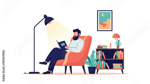 Bearded man reading a book in a comfortable armchair under a floor lamp in a cozy home library setting for relaxation and education.