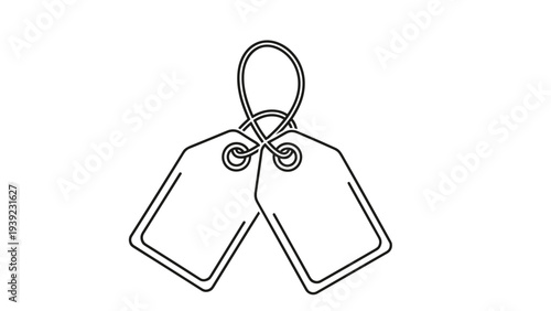 Two empty white price tags tied together with string in a simple black outline style, perfect for labeling items in retail, sales, and shops.