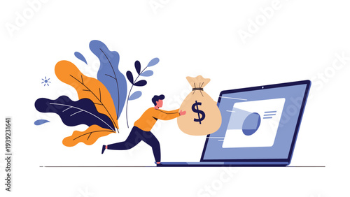 Man pushing a large money bag with a dollar sign into a laptop screen representing digital banking and online investment.