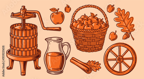 Harvest Season Apple Cider Press and Basket Full of Ripe Apples with Oak Leaves and Wagon Wheel
