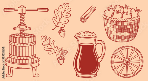 Autumn Harvest Apple Cider Press Basket Apples Oak Leaves Cinnamon Stick and Wooden Wheel Illustration