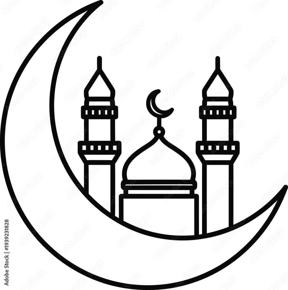 Obraz premium Islamic Mosque with Crescent Moon Line Icon – Ramadan and Religion Symbol