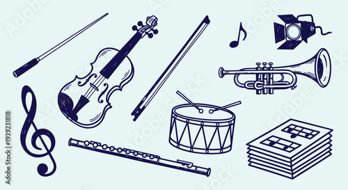 Collection of musical instruments and symbols including violin flute trumpet drum and conductor's baton on a light blue background