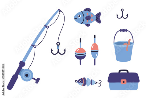 Fishing Adventure Gear Set, Cute Flat Vector Fishing Rod Fish and Tackle Box Clipart