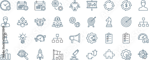 Business productivity and team management line icons featuring gears, rockets, targets, puzzle pieces, brain development, and cad drawing flat vector illustration.