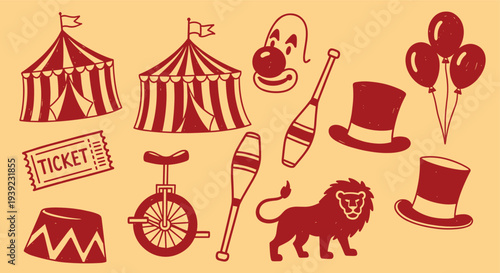 Vintage circus elements collection with lion, clown, tents, balloons, hats, unicycle, and juggling pins on a yellow background