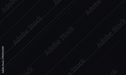Abstract Dark Cyber Background with Diagonal Teal Lines and Floating Magenta Particles.