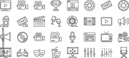 Cinema and video production icons set, movie entertainment symbols, film camera, media player, theater tickets, broadcasting equipment, outline vector illustration.