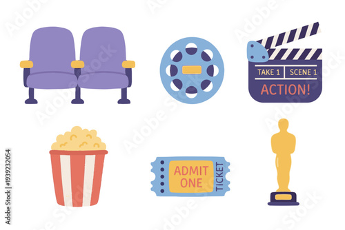 Movie Theater and Cinema Set, Cute Flat Vector Popcorn Ticket and Film Industry Symbols