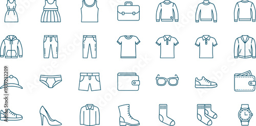 Fashion Apparel and Clothing Accessories Line Icon Set Featuring Dresses Shirts Shoes Bags Watches Eyewear Socks Underwear and Seasonal Wardrobe Essentials