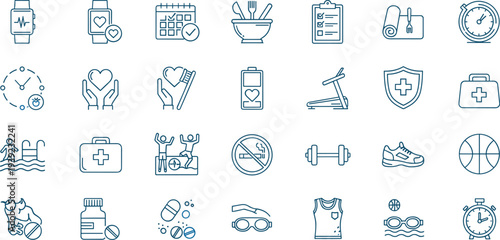 Healthy lifestyle and fitness line icons featuring smartwatches, nutrition, exercise equipment, swimming, yoga, and medical wellness cad drawing flat vector illustration.