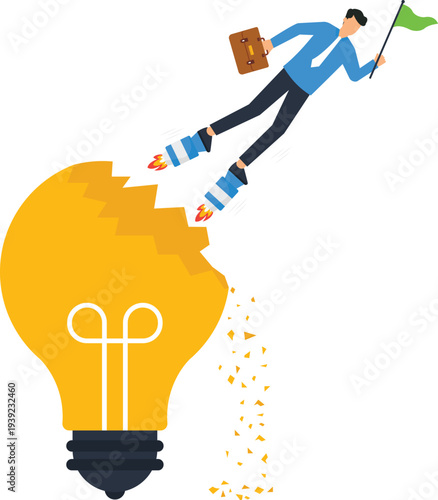 Businessman flying rocket boots breaking light bulb. Startup launch rapid growth idea execution. Entrepreneurial success innovation breakthrough business strategy. Goal achievement future progress.