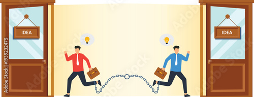 Running businessmen chained ankles, opposite directions, corporate deadlock, business conflict, idea competition, shared problem, constraint movement, flat design concept