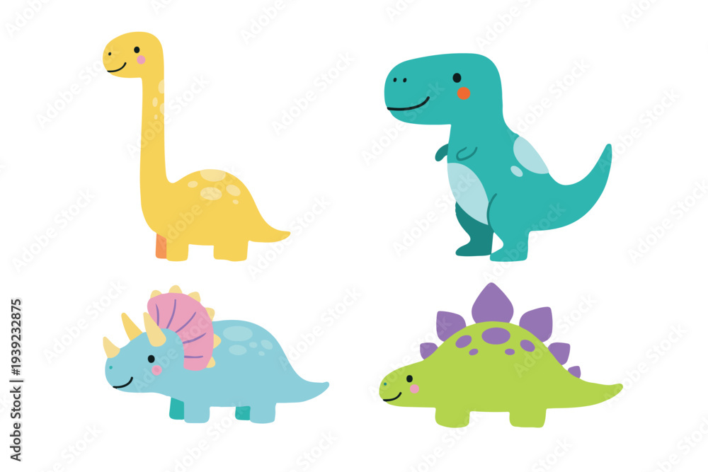 Naklejka premium Adorable Dinosaur Character Set, Cute Flat Vector Brachiosaurus T-Rex Triceratops and Stegosaurus
