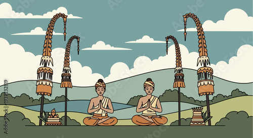 Two men meditating in traditional attire with ornate ceremonial structures in a serene landscape.
