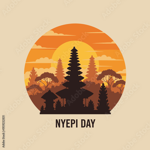 Nyepi Day Bali Temple Silhouette Sunset Landscape with Tropical Trees and Clouds