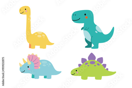Adorable Dinosaur Character Set, Cute Flat Vector Brachiosaurus T-Rex Triceratops and Stegosaurus