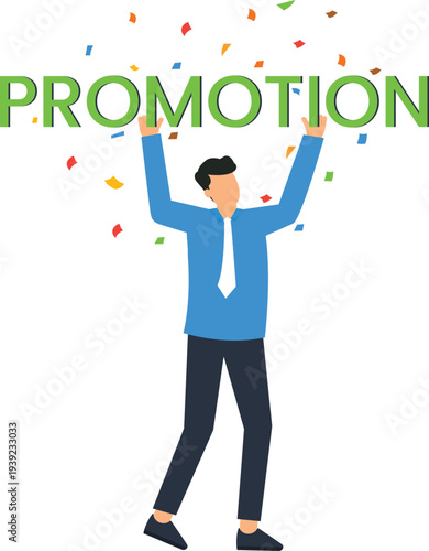 Businessman celebrating career promotion business success happy employee holding text falling confetti corporate achievement marketing strategy flat design joyful moment professional growth