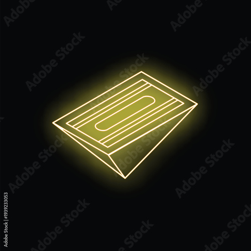 Yellow neon sign of a video cassette tape on a black background, glowing on black background